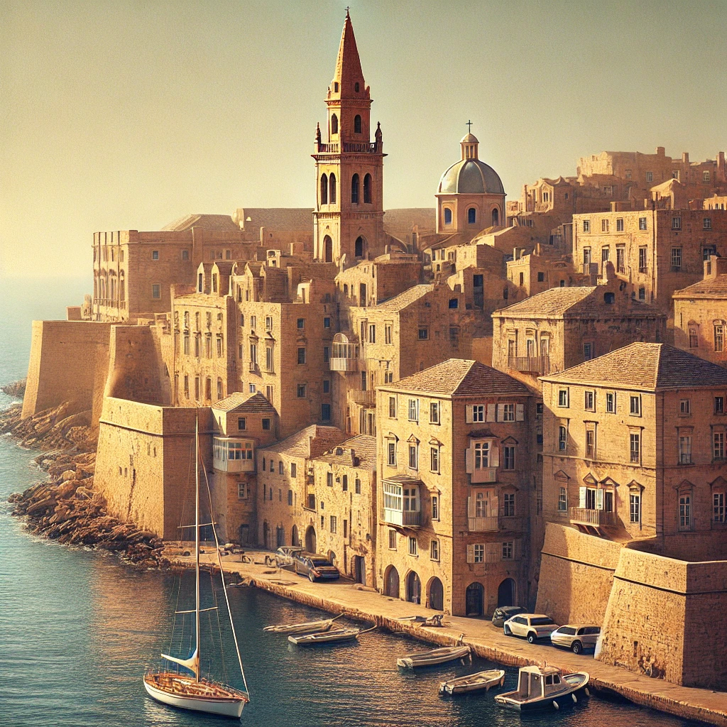 Coastal cityscape with historical buildings, a prominent church spire, and a marina under a clear blue sky.